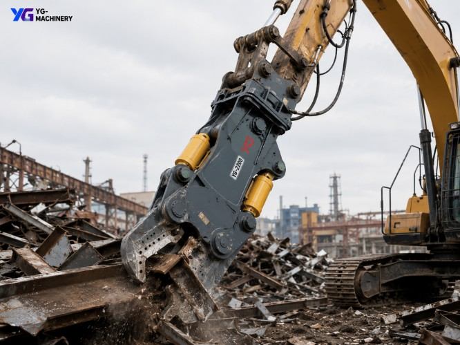 Double Cylinder Excavator Metal Shear Cutting Scrap Steel at a Demolition Site
