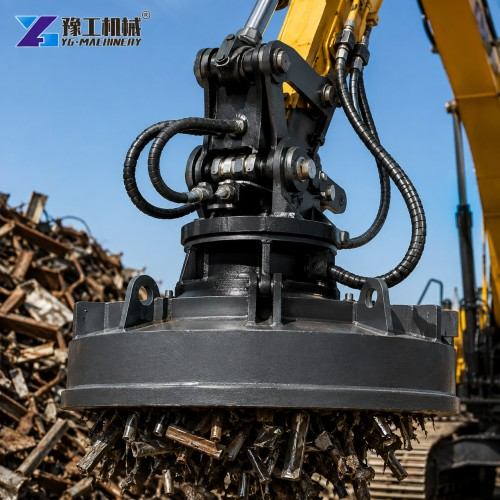 Excavator Magnet Attachment Collecting Tangled Rebar At A Demolition Site