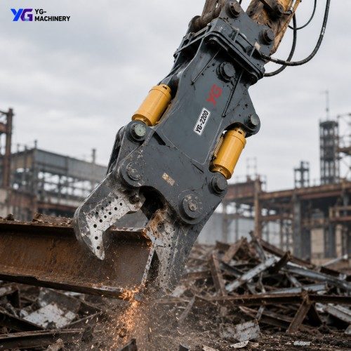 Excavator Metal Shear Cutting a Steel Beam at a Scrap Yard