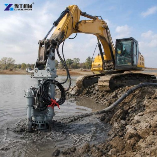 Excavator Mounted Dredge Pump Cleaning a Muddy Pond