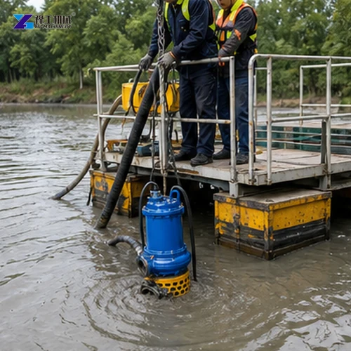 Floating small dredge pump platform on pond