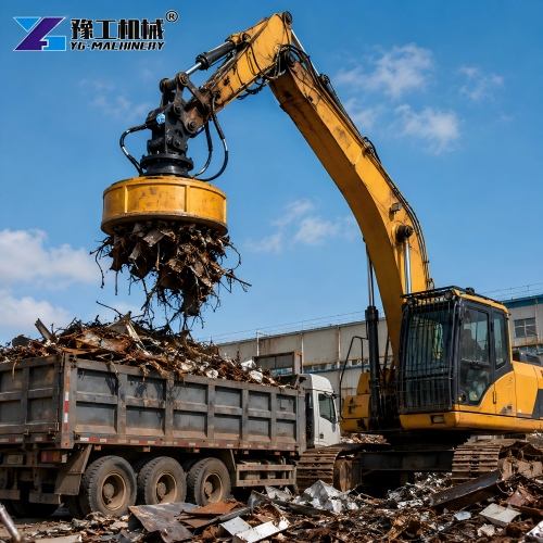 Hydraulic Lifting Magnet Handling Steel Scrap In A Recycling Yard