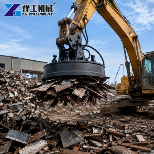 Hydraulic Magnet For Excavator Lifting Mixed Steel Scrap In A Recycling Yard