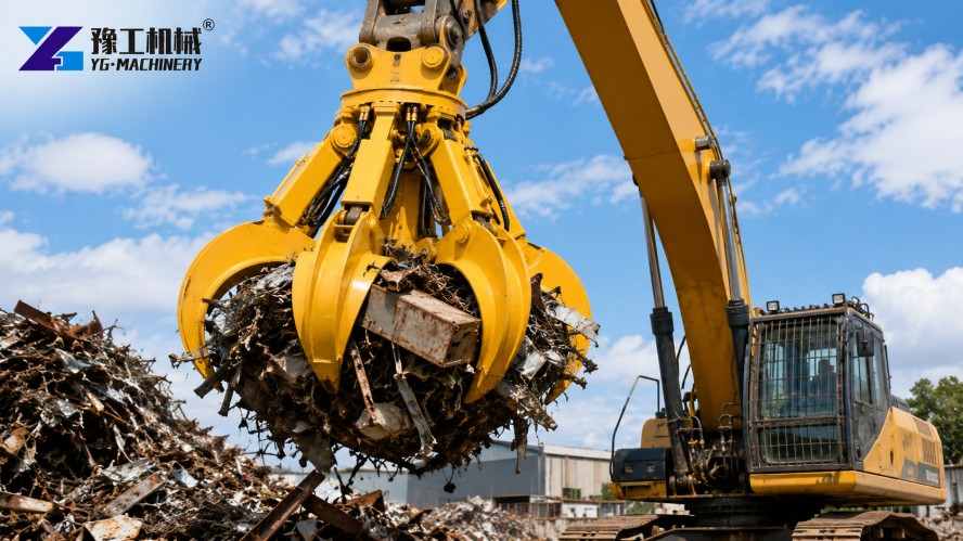 Orange Peel Grab Bucket Lifting Scrap Metal at a Recycling Yard