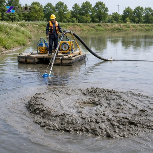 Small dredge pump moving pond sediment