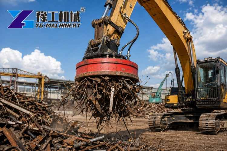 Red Excavator Magnet Attachment Collecting Steel Offcuts At A Scrap Site