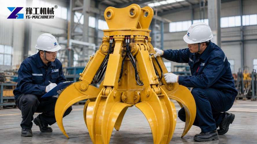 YG Machinery Technicians Inspecting an Orange Peel Grab Bucket