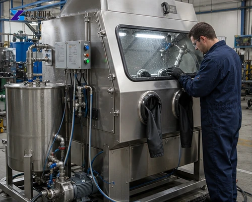 Operator using enclosed wet blasting machine in metalworking factory