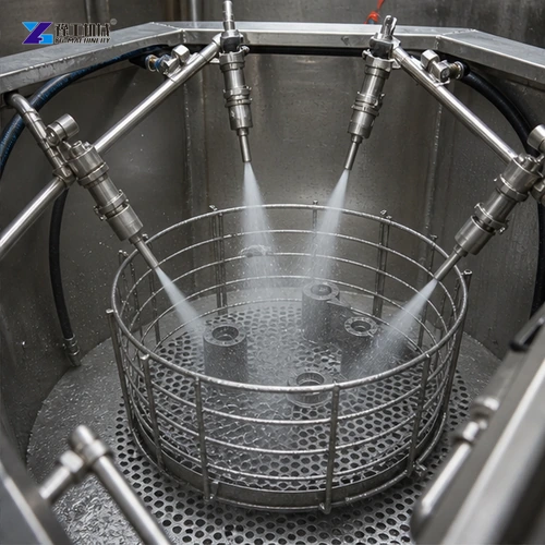 Wet blasting nozzles cleaning components inside rotating basket