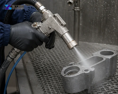 Handheld wet blasting gun finishing a machined metal housing