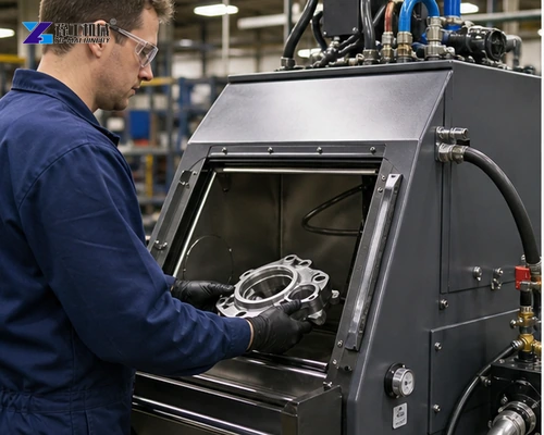 Operator loading metal parts into enclosed wet blasting cabinet
