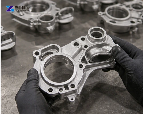 Inspector checking uniform satin finish on blasted metal components