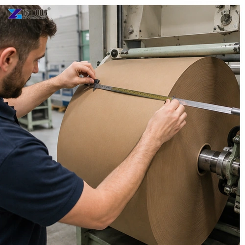 Aligned kraft rolls checked for edge offset and diameter