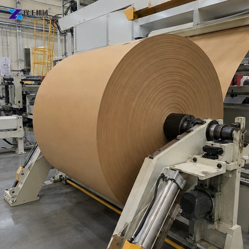 Technician measuring brown kraft parent roll at receiving