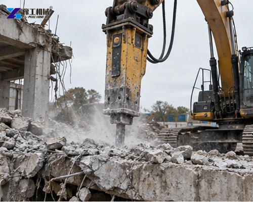 Excavator fitted with a demolition attachment at a controlled work site
