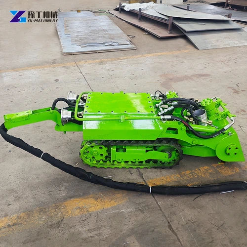 Tracked dredging robot with discharge hose viewed from the opposite side