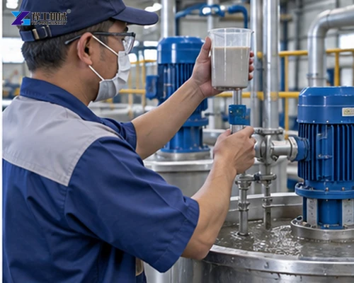 Operator holding a pulp sample jar beside process pumps