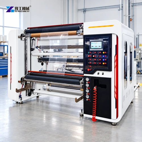Transparent film centered through the slitting machine guide rollers