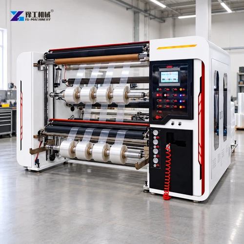 Film slitting machine rewinding multiple narrow transparent rolls