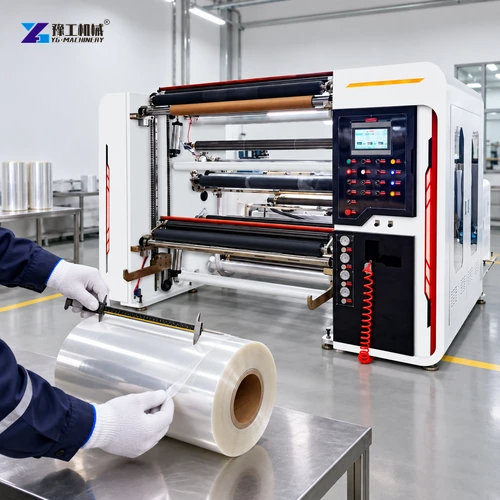 Technician measuring a finished transparent film roll