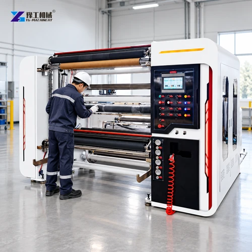 Technician inspecting film slitting machine rollers and shafts