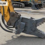 Hydraulic Excavator Attachments: Flow Matching Guide Concrete pulverizer mounted on excavator at recycling yard