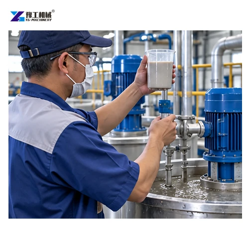 operator checking pulp consistency beside the molding line