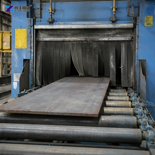 Steel plate entering roller conveyor blasting chamber