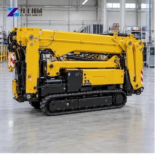 Folded yellow spider crane crawler shown on a factory floor