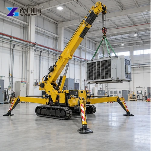 Spider crane lifting an industrial HVAC module inside a factory hall