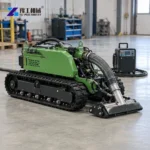 Wastewater Treatment Dredging Robot: Basin Selection Green tracked dredging robot with hose on a clean factory floor