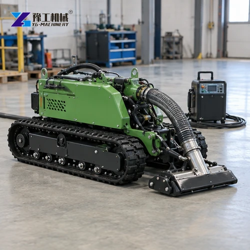Green tracked dredging robot with hose on a clean factory floor