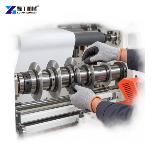 Technician setting circular slitting knife spacing with a gauge
