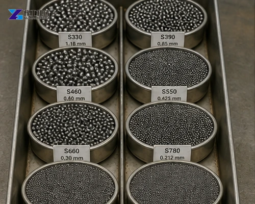 Steel shot grades arranged for abrasive media comparison
