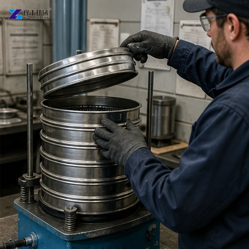 Technician sieving steel shot blasting media sample