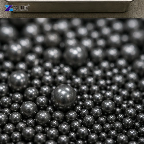 Macro view of round steel shot particle mixture