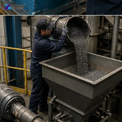 Operator adding steel shot to blast machine hopper