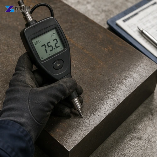 Inspector measuring steel surface profile after blasting