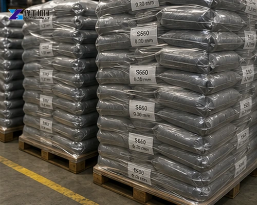 Sealed steel shot media bags stored by production lot