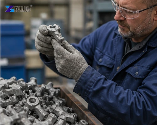 Technician inspecting batch blasted metal parts