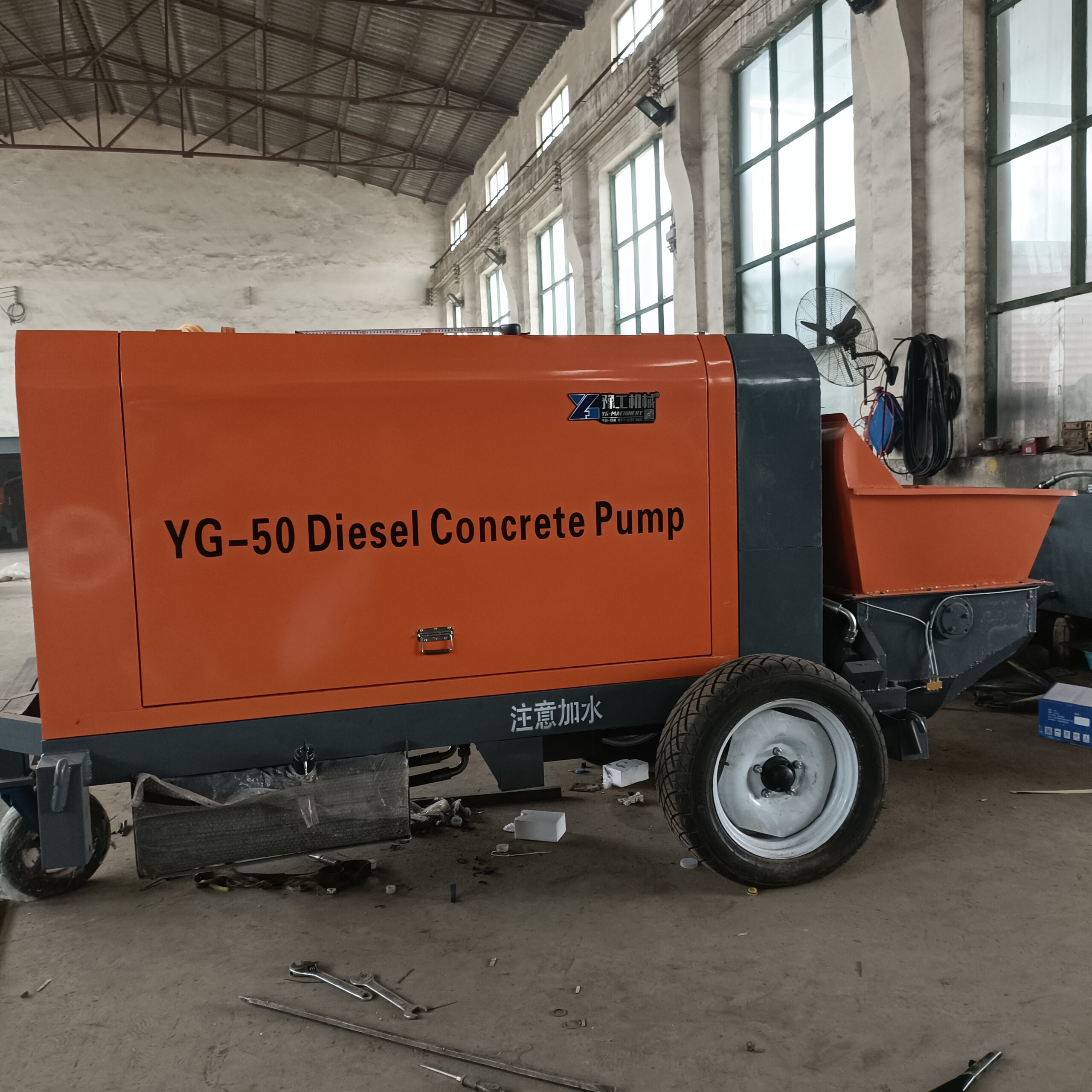 YG-50 diesel concrete pump in a factory side view