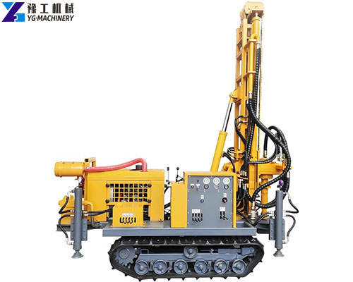YG crawler water well drilling rig with raised mast on white background