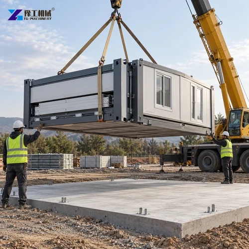 Illustration: an expandable house being lifted onto a prepared foundation.
