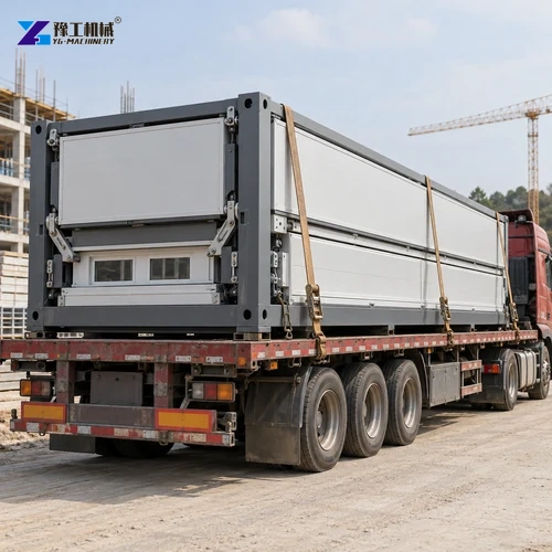 Illustration: a folded expandable house secured for transport.