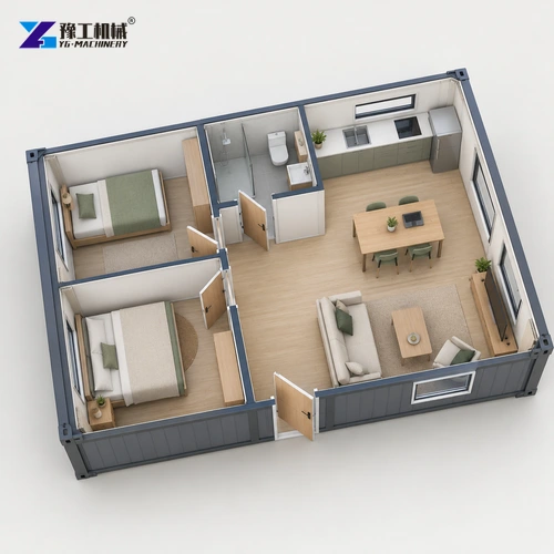 Conceptual cutaway of a small dwelling with separate bedrooms and a common room