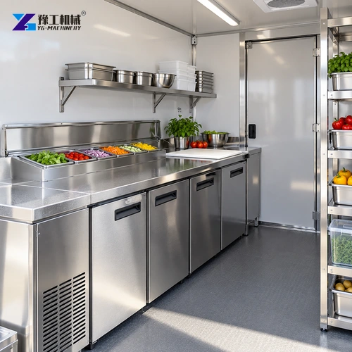 Refrigeration and preparation space arranged within a compact kitchen trailer