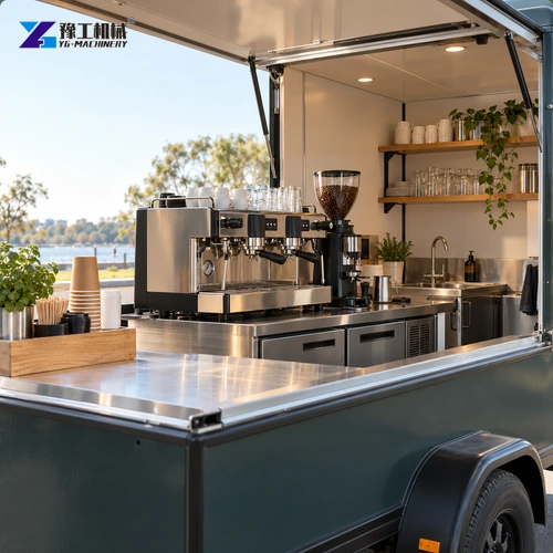 Espresso machine and grinder arranged behind an open coffee trailer hatch