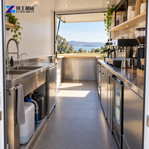 Conceptual coffee trailer aisle with separate espresso and washing counters