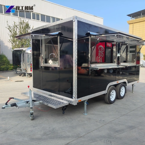 Black Food Trailer With Raised Serving Window Above The Counter
