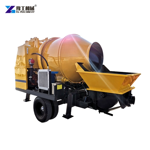 Yellow Concrete Mixer Pump With Front Hopper And Drumming Assembly